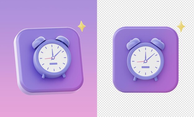 UI UX 웹 모바일 앱 소셜 미디어 광고 디자인을 위한 간단한 3d 보라색 알람 시계 시간 아이콘