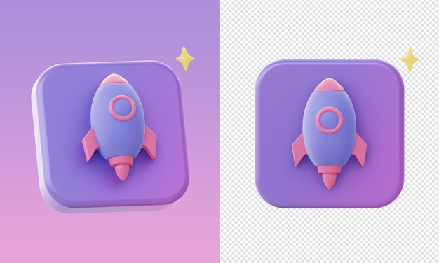 Ui ux ウェブ モバイル アプリ ソーシャル メディア広告デザインのシンプルな 3 d 紫宇宙船ロケット アイコン