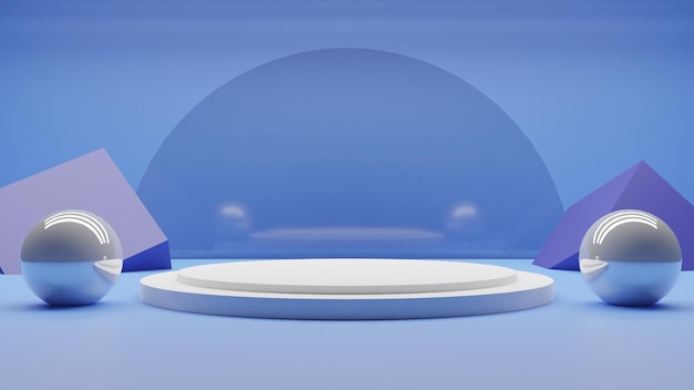 Simple 3D render white podium on blue background