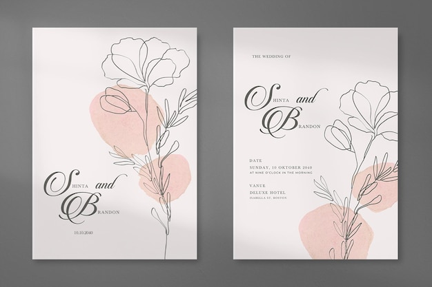 PSD simple and aesthetic wedding invitation with line art flower