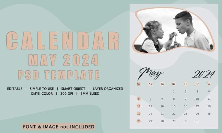 PSD simple calendar may 2024 psd template printable may 2024 desk calendar design