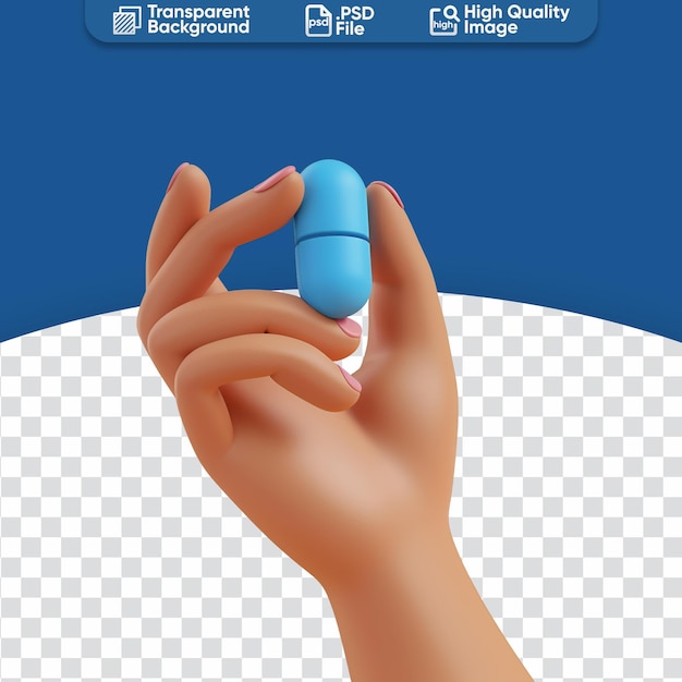 Simple cartoon 3d illustration of cute hand holding blue pill