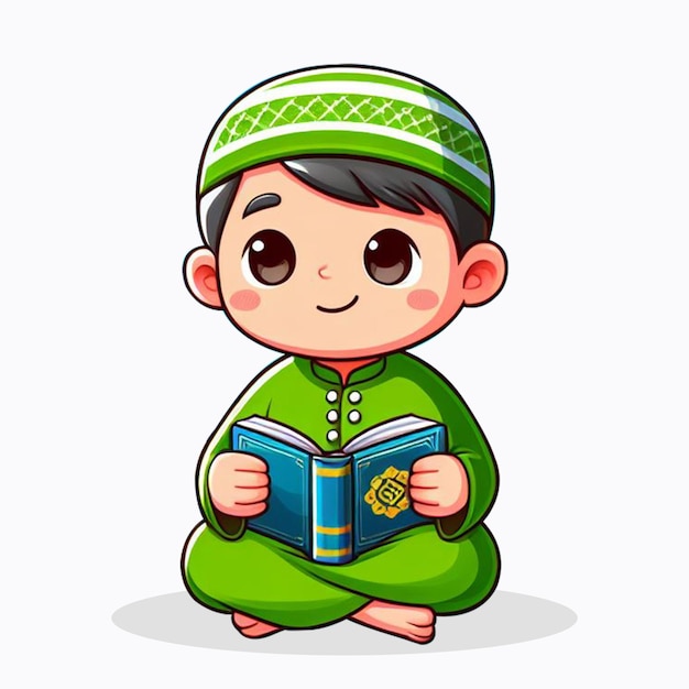 PSD simple cartoon of muslim boy reading quran