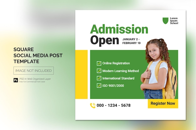 Simple colorful school admission education square social media post web banner template