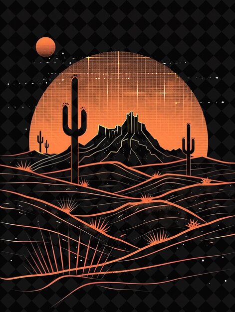 Simple desert 8 bit pixel with cacti and dunes and geometric y2k shape neon color art collections