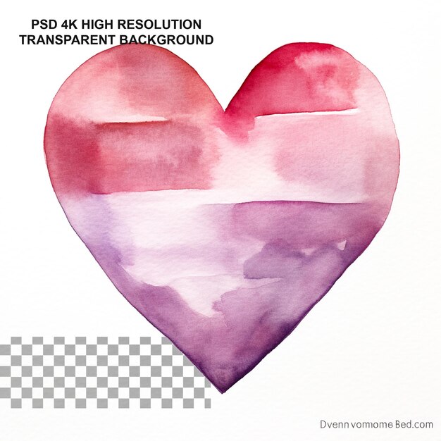 PSD simple detailed watercolor art of a pretty single heart on transparent background