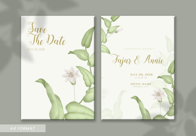 PSD simple and elegant green leaf double sided wedding invitation template