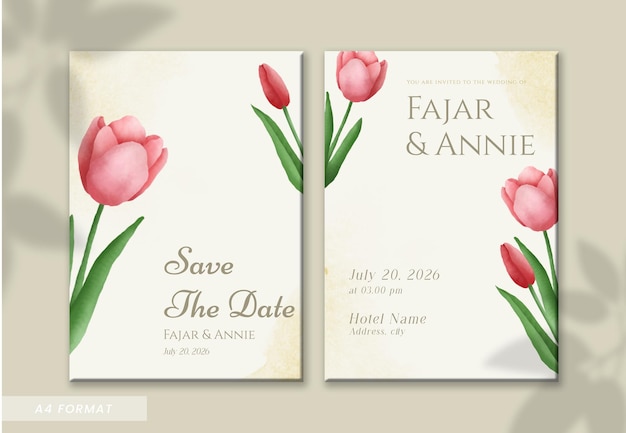 Simple elegant pink tulip watercolor double sided wedding invitation template