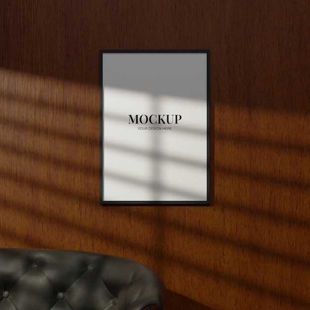 Simple frame mockup on the wooden wall