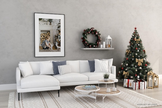 Simple frame with christmas tree and sofa mockup