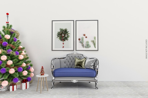 PSD simple frame with christmas tree and sofa mockup