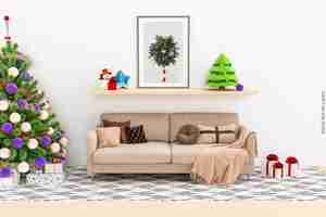 PSD cornice semplice con albero di natale e modello di divano