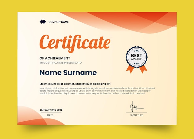 PSD simple gradient orange and modern certificate template