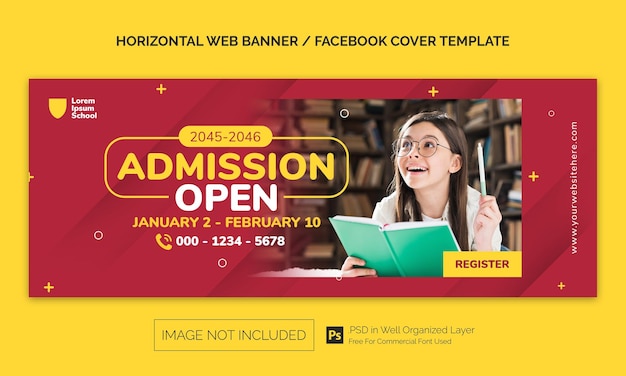 PSD simple minimal back to school admission horizontal banner or facebook cover advertising template