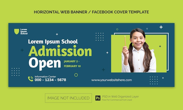 Simple minimal back to school admission horizontal banner or facebook cover advertising template