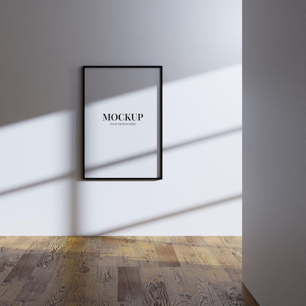 simple minimalist aesthetic frame mockup poster hanging on the white wall lit by sunlight