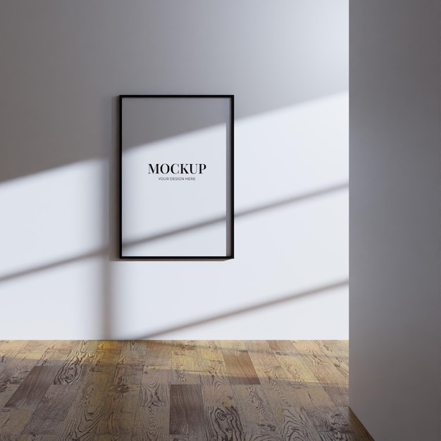 Simple minimalist aesthetic frame mockup poster hanging on the white wall lit by sunlight