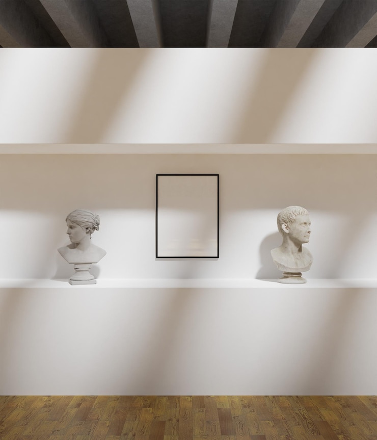 PSD simple minimalist frame mockup poster in the art gallery museum with statue decoration