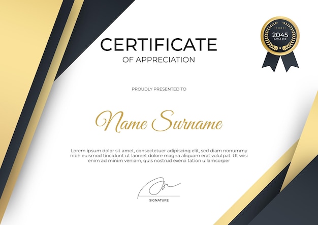 Modello di certificato semplice e moderno in oro nero per webinar di formazione aziendale aziendale online