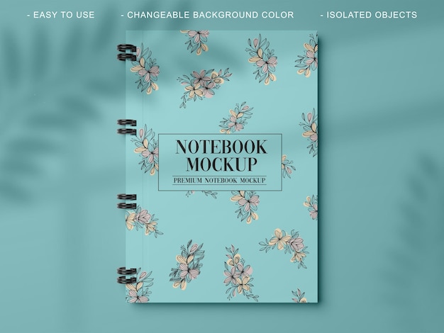 PSD mockup di notebook semplice con sfondo modificabile e colore della copertina