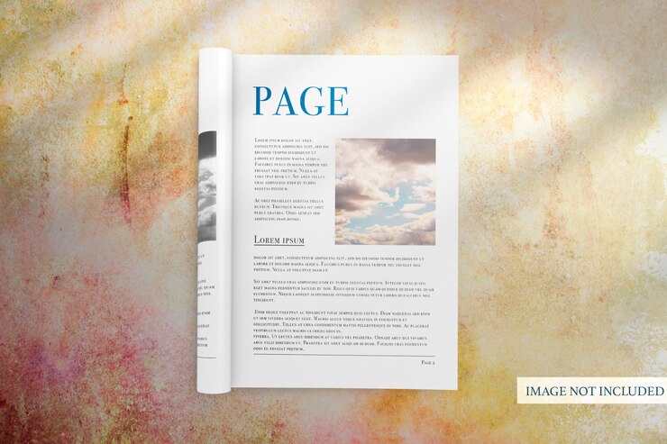 PSD simple opened portrait magazine with rolled page mock-up