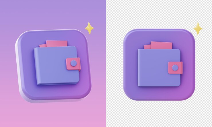 PSD ui ux 웹 모바일 앱 소셜 미디어 광고 디자인을 위한 간단한 보라색 3d 돈 지갑 아이콘