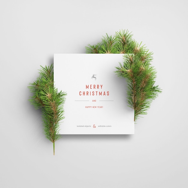 Simple square christmas card mockup template framed with pine or fir leaves branches