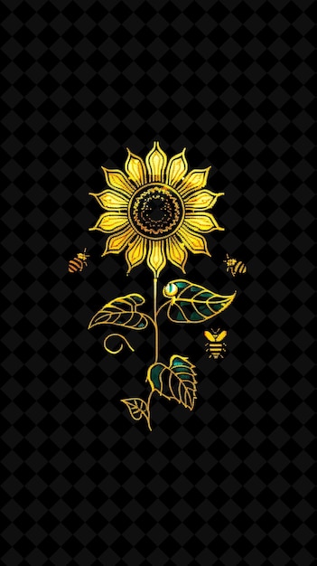 PSD simple sunflower 16 bit pixel with leaves and bees and spira y2k shape neon color art collections