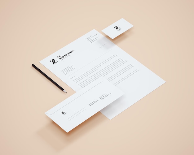 PSD mockup di cancelleria e branding semplice vista dall'alto