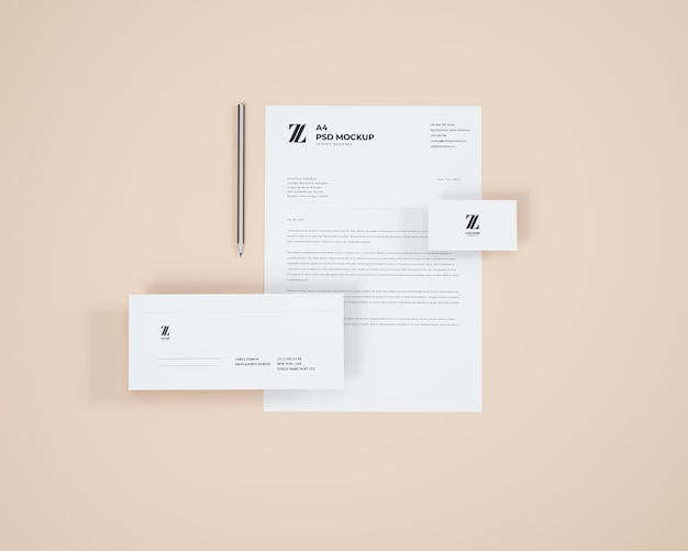 PSD mockup di cancelleria e branding semplice vista dall'alto