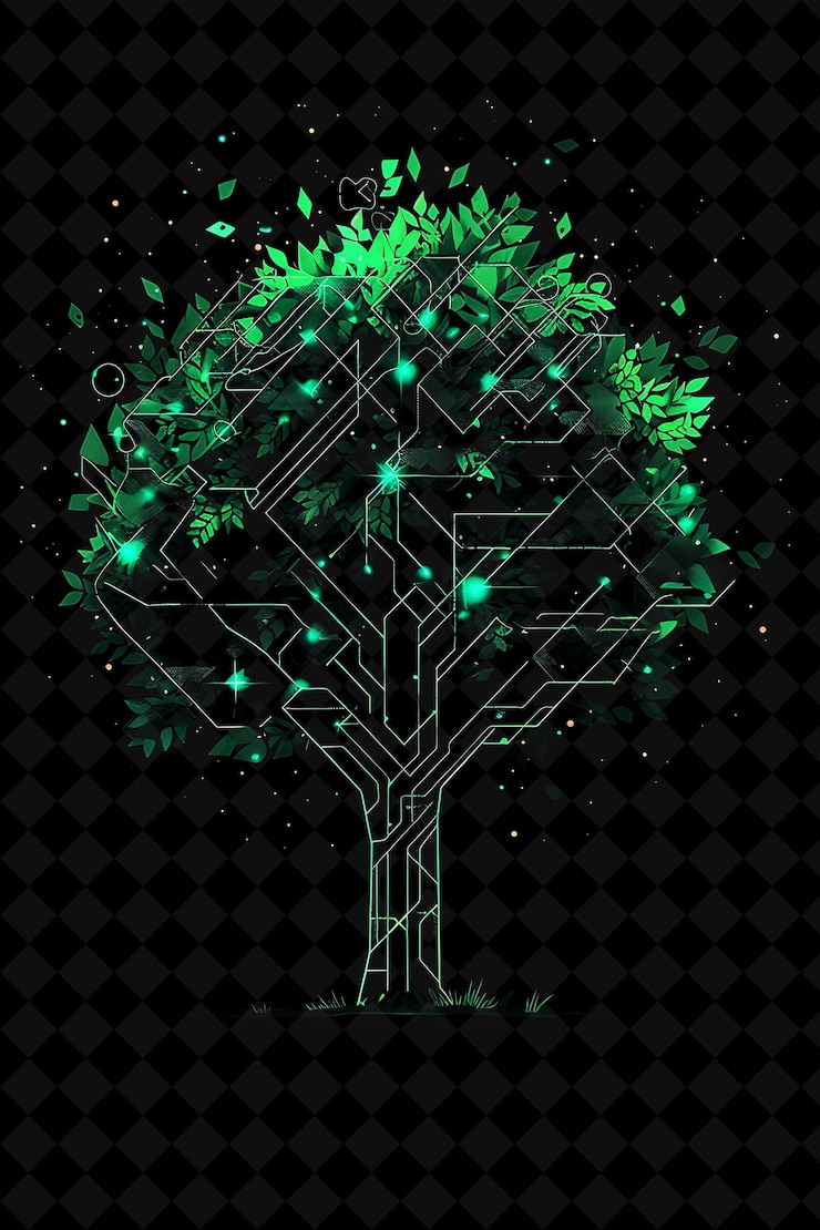 PSD simple tree 8 bit pixel with leaves and branches and geometr y2k shape neon color art collections