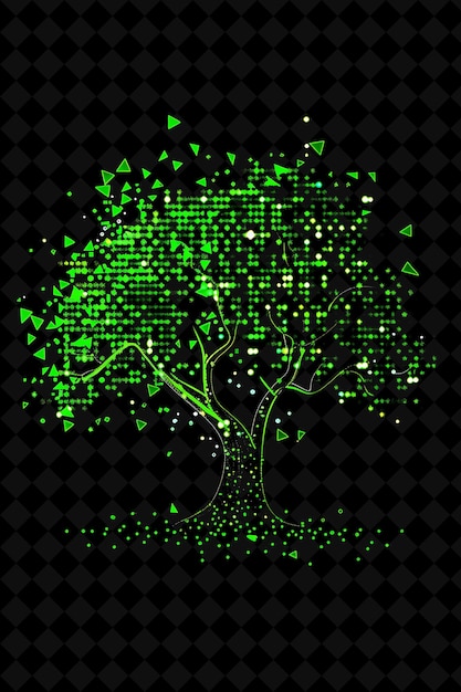 Simple Tree 8 Bit Pixel With Leaves and Branches and Geometr Y2K Shape Neon Color Art Collections
