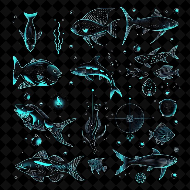 Simple Underwater 16 Bit Pixel With Fish and Bubbles and Geo Y2K Shape Neon Color Art Collections