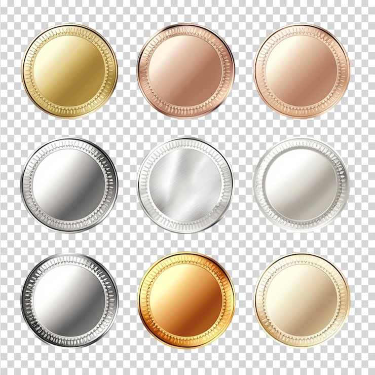PSD simple vector template gold silver bronze medals for stamps or coins isolated on transparent background