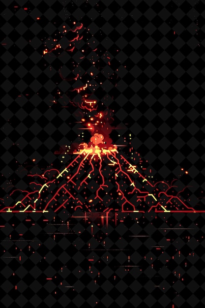 Simple volcano 8 bit pixel with lava and smoke and geometric y2k shape neon color art collections