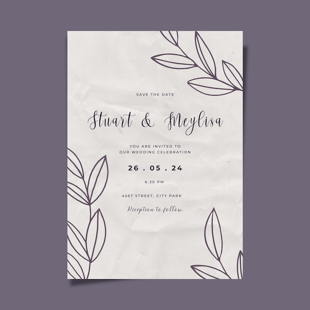 Simple wedding invitation hand drawn floral decorative minimalist template