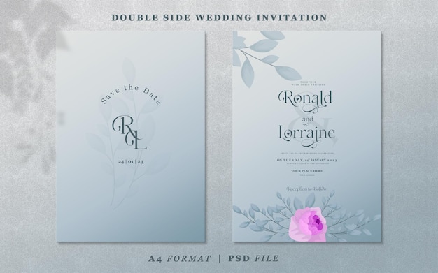 Simple wedding invitation template with flower on blue gradient background