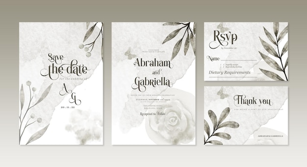 PSD simple wedding invitation with watercolor gray leaves on brown background