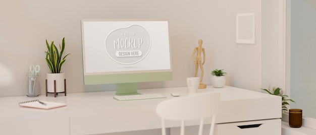 Semplice spazio di lavoro con cancelleria per dispositivi informatici e decorazioni nel rendering 3d dell'ufficio domestico