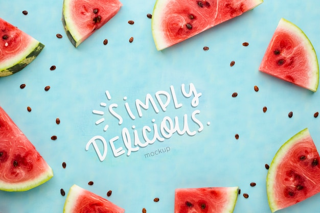 PSD simply delicious mock-up surrounded by slices of watermelon frame