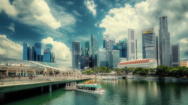 PSD singapore skyline with modern architecture waterfront and boat