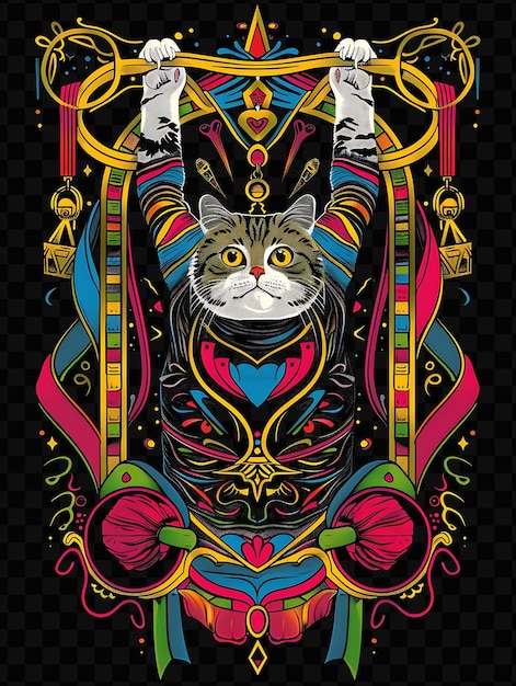 PSD singapura cat with a hanging from object pose wearing a leot frame decor collage ink art design psd