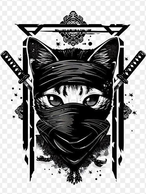 PSD singapura cat with peeking pose and wearing a ninja mask ado frame decor collage ink art design psd