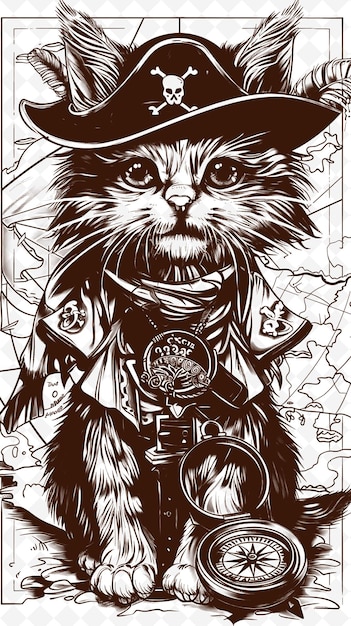 PSD singapore gatto con una mappa del tesoro e una bussola che guarda gli animali dell'avvento sketch art collezioni vettoriali