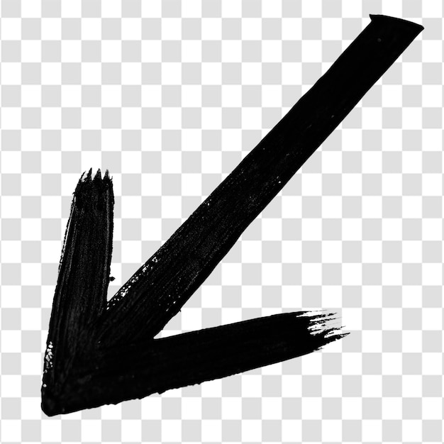 Single Artistic Black Arrow With Dry Brush Texture Pointing Down on a Transparent Background