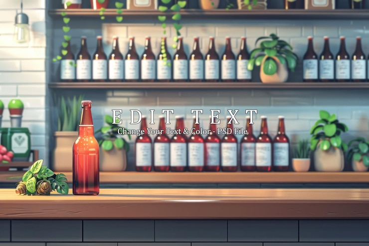 PSD a single bottle of beer sits on a bar counter with a row of bottles behind it on a shelf