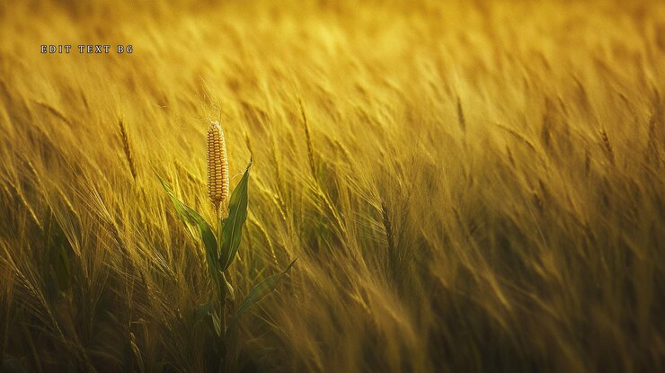 PSD single corn stalk in a field of wheat at sunset