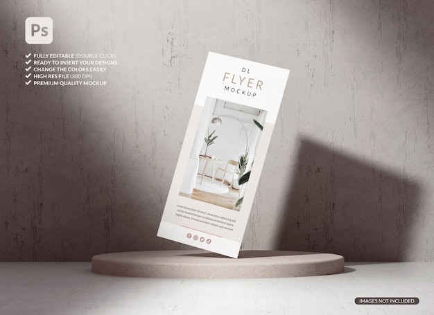 Single dl flyer mockup on a platform with shadows and concrete background for branding presentation and stationery design in 3d illustration