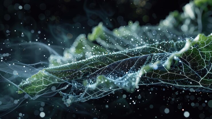 PSD a single green leaf with a delicate web of veins covered in water droplets and surrounded by wisps of smoke and bokeh lights against a dark background