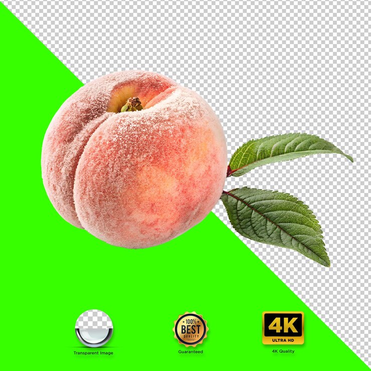 PSD 一棵完全成熟的桃子, 綠葉隔離在透明的背景上